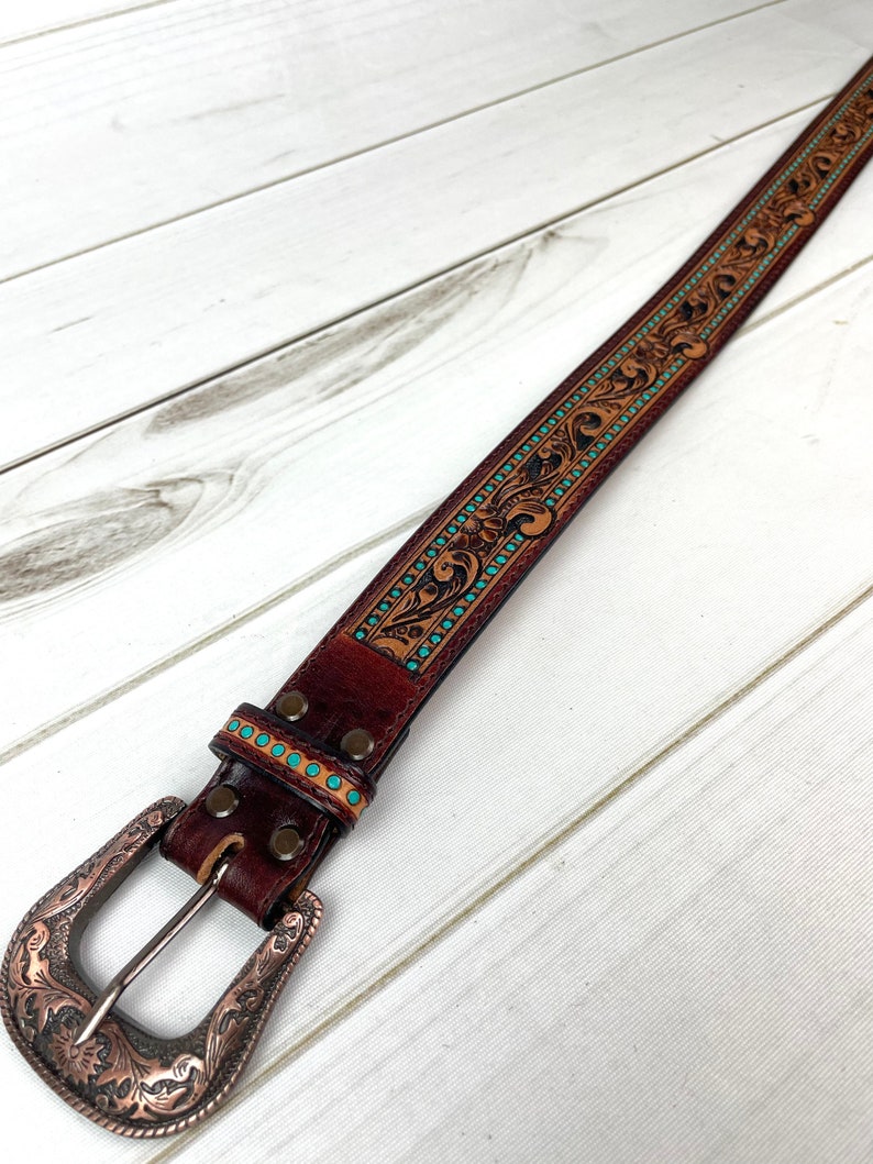 Turquoise Dotted Border Tooled Leather Womans Belt image 2