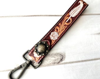 Feather Tooled Wristlet Leather Keychain