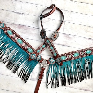 Teal Beaded Ombre Fringe Leather Tack Set