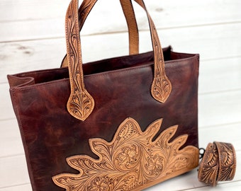 Distressed Leather Floral Bloom Tooled Large Tote Bag