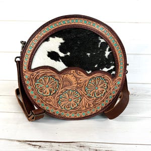 Scalloped Floral Tooled Cowhide 10” Canteen Purse