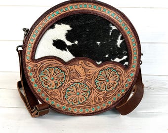 Scalloped Floral Tooled Cowhide 10” Canteen Purse