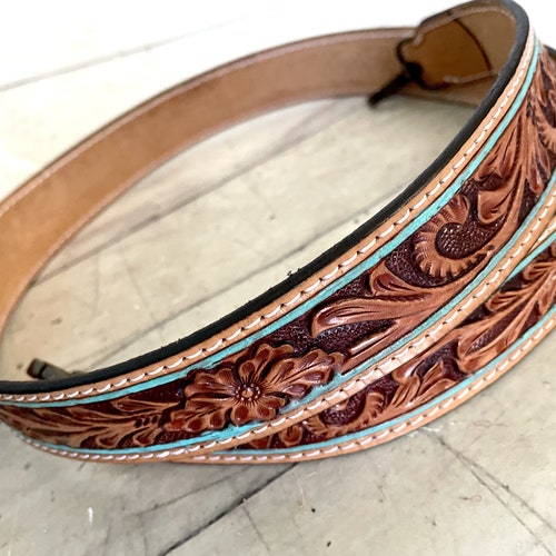 Teal Border Leather Tooled Handbag Strap Etsy