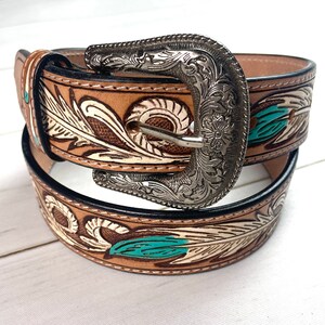 Turquoise White Feather Tooled Leather Womans Belt - Etsy