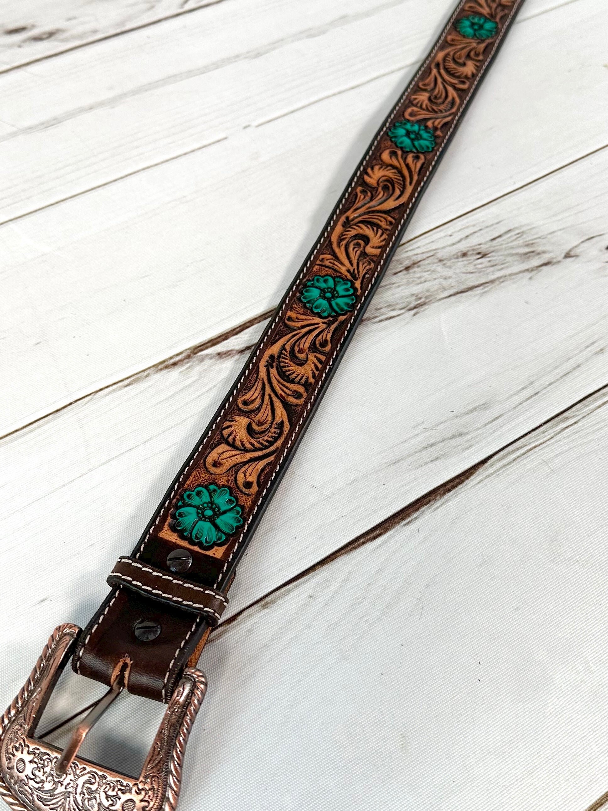 Dark Floral Tooled Turquoise Floral Western Belt - Etsy display picture 2