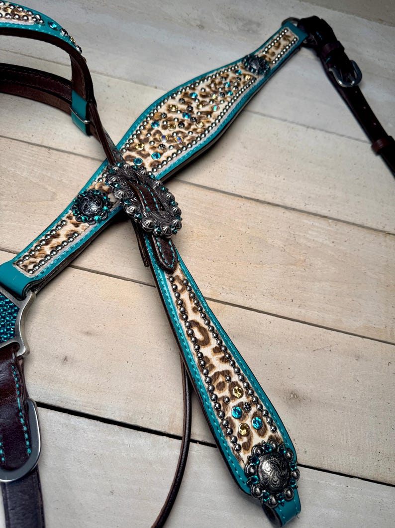 Teal Rhinestone Cheetah/leopard Tack Set Dark Leather - Etsy