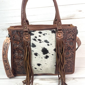 Prescott Black Grey Hide Tote with Leather Tooled Sunflowers