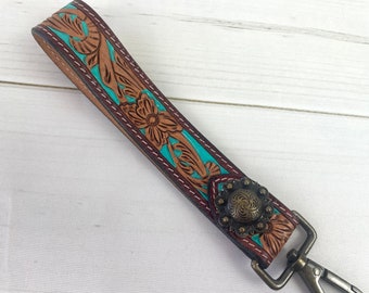 Turquoise Painted Tooled Wristlet Leather Keychain