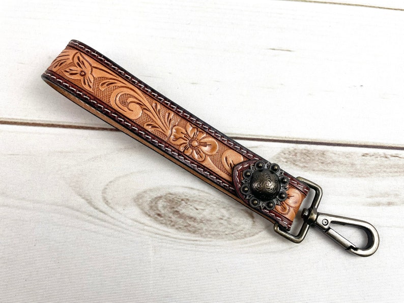 Natural Tooled Wristlet Leather Key Fob - Etsy