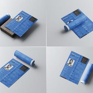 Op de afbeelding: Een blauw cv met de naam "Matthew Smith" en een foto. Het cv is gedeeltelijk opgerold en er ligt een opgerold document naast. De achtergrond is lichtgrijs.