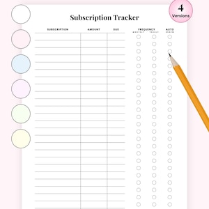 May include: A white subscription tracker template with columns for subscription, amount, due date, frequency, and auto-renew. The page features six coloured circles on the left, a pencil on the right, and text headers including Subscription Tracker Bundle.