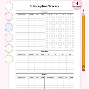 May include: A Subscription Tracker Bundle printable page featuring sections for monthly, quarterly, and annual tracking. The document includes columns for subscription, amount, due date, and renewal. A yellow pencil is positioned on the right side.