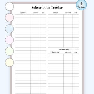 May include: A subscription tracker bundle template featuring a header with the text Subscription Tracker Bundle, 6 distinct colours, 4 paper sizes, and compatibility with Supernote, Goodnotes, Remarkable, and Notability. The tracker includes columns for monthly, annual, and quarterly payments with amount and due date fields.