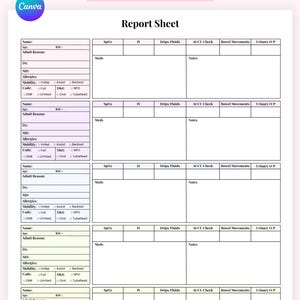 以下が含まれることがあります： ピンクと白の、複数の患者の医療および外科記録用のレポートシート。シートには、患者情報、バイタルサイン、薬、メモのセクションが含まれています。シートのテキストには「Freebies」、「Fully EDITABLE」が含まれています。