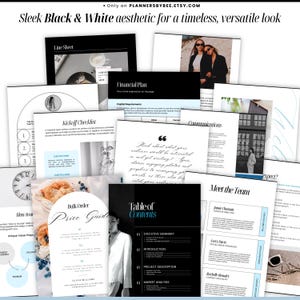 May include: A collection of black and white aesthetic digital templates, including a financial plan, kickoff checklist, and price guide. The templates feature a sleek design with elegant typography and are suitable for various business purposes.