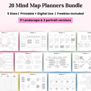 May include: A digital bundle of 20 mind map planners featuring 17 landscape and 3 portrait versions. The text reads 20 Mind Map Planners Bundle, 5 Sizes | Printable + Digital Use | Freebies Included, and 17 Landscape & 3 portrait versions.
