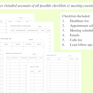Puede incluir: P&aacute;ginas de planificador imprimibles en blanco con listas de verificaci&oacute;n detalladas para correos electr&oacute;nicos, citas, reuniones, llamadas y seguimientos de clientes potenciales. El texto "Have Detailed accounts of all possible checklists & meeting essentials" est&aacute; en la parte superior.