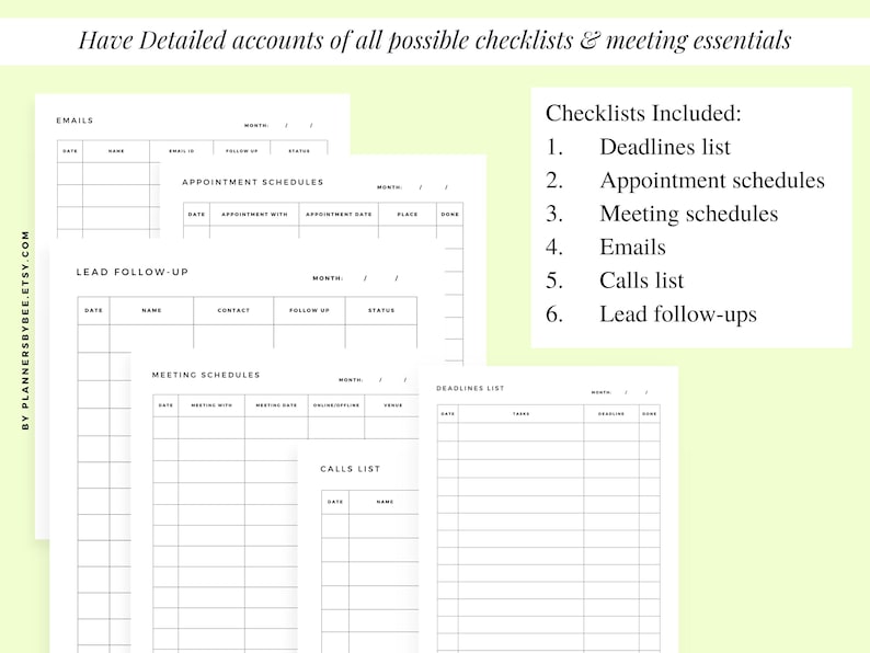 Puede incluir: P&aacute;ginas de planificador imprimibles en blanco con listas de verificaci&oacute;n detalladas para correos electr&oacute;nicos, citas, reuniones, llamadas y seguimientos de clientes potenciales. El texto "Have Detailed accounts of all possible checklists & meeting essentials" est&aacute; en la parte superior.