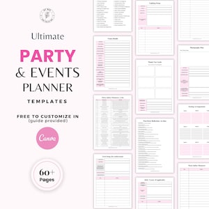 Op de afbeelding: Een roze en witte party- en evenementenplanner-sjabloon met de tekst "Ultimate PARTY & EVENTS PLANNER TEMPLATES". De planner bevat pagina's voor locatiegegevens, zitplaatsen en veiligheidsmaatregelen voor feesten. De planner heeft meer dan 60 pagina's.