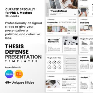 May include: A presentation template for thesis defense, with the title "Thesis Defense Presentation Templates". The design includes slides with titles like "Introduction", "Problems", and "Objectives". Compatible with Canva and PowerPoint.