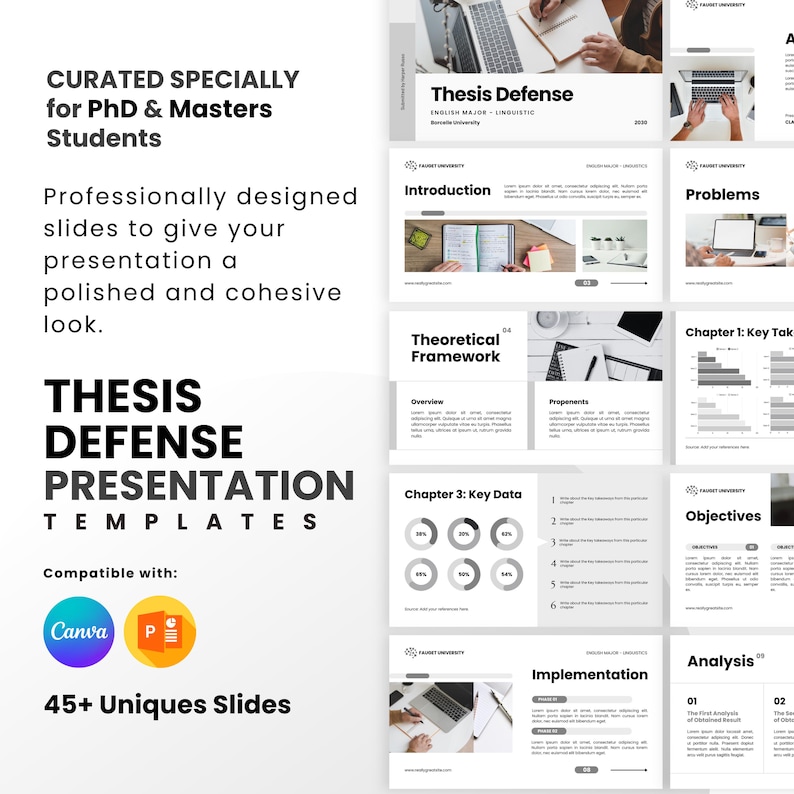 May include: A presentation template for thesis defense, with the title "Thesis Defense Presentation Templates". The design includes slides with titles like "Introduction", "Problems", and "Objectives". Compatible with Canva and PowerPoint.