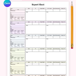 May include: A printable multi-patient Med-Surg report sheet with sections for patient data, vital signs, and notes. The sheet includes the text "Freebies | 2 Paper Sizes | Fully EDITABLE" and "5 colours + Hassle FREE!" A yellow pencil rests on the right.