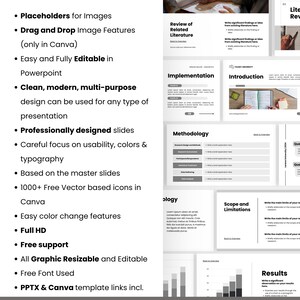 May include: A presentation template with a clean, modern design. The slides include sections for literature review, implementation, methodology, and results. Features include placeholders for images, easy editing in PowerPoint, and free vector icons.