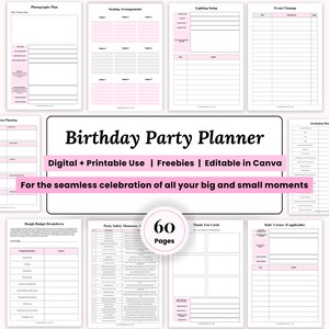 Könnte beinhalten: Ein digitaler und druckbarer Geburtstagsparty-Planer mit 60 Seiten. Der Planer enthält Abschnitte für Fotografie, Sitzordnungen, Beleuchtungseinstellungen und Veranstaltungsreinigung. Bearbeitbar in Canva.