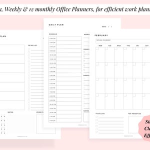 Puede incluir: Un conjunto de planificadores de oficina blancos, con dise&ntilde;os diarios, semanales y mensuales. Los planificadores presentan un dise&ntilde;o limpio y minimalista con secciones para programaci&oacute;n, listas de tareas y notas. El texto en la imagen dice "Daily, Weekly & 12 monthly Office Planners, for efficient work planning."