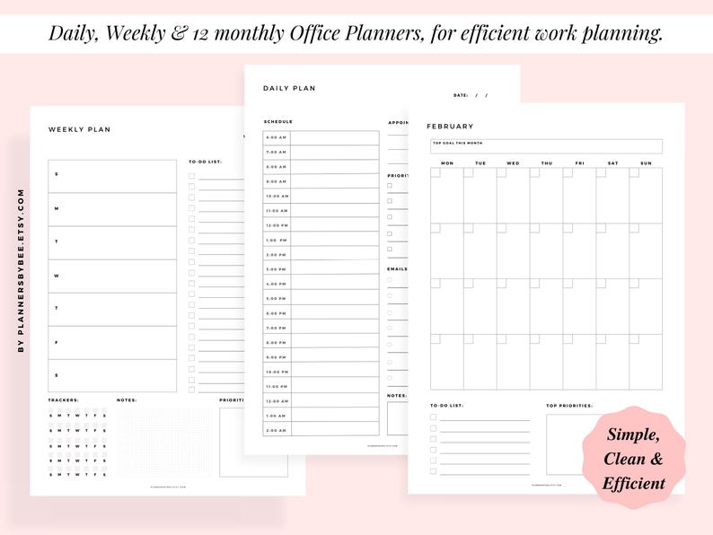 Puede incluir: Un conjunto de planificadores de oficina blancos, con dise&ntilde;os diarios, semanales y mensuales. Los planificadores presentan un dise&ntilde;o limpio y minimalista con secciones para programaci&oacute;n, listas de tareas y notas. El texto en la imagen dice "Daily, Weekly & 12 monthly Office Planners, for efficient work planning."