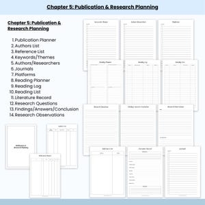 May include: A collection of white paper templates for publication and research planning. The templates include lists for authors, keywords, reading logs, and research observations. The title "Chapter 5: Publication & Research Planning" is at the top.