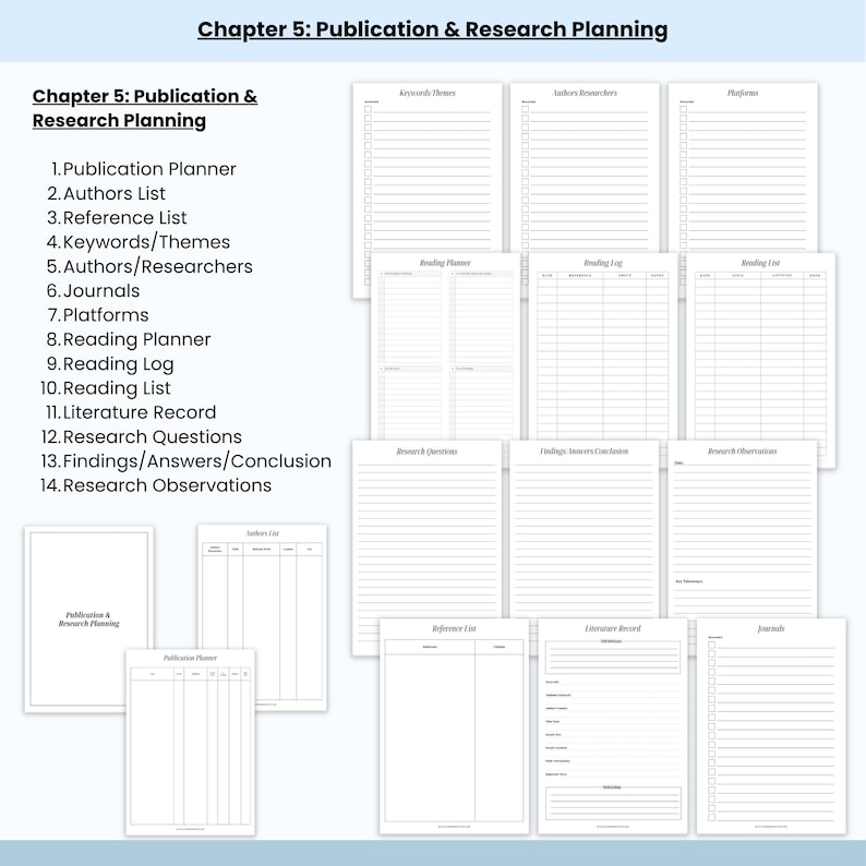 May include: A collection of white paper templates for publication and research planning. The templates include lists for authors, keywords, reading logs, and research observations. The title "Chapter 5: Publication & Research Planning" is at the top.