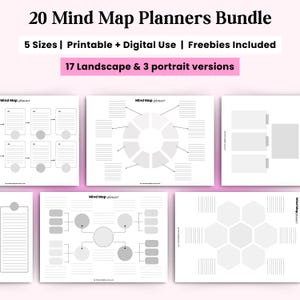 Könnte beinhalten: Ein Bundle von 20 Mindmap-Planern mit verschiedenen Layouts, darunter kreisförmige, Flussdiagramm- und Listenformate. Der Text oben lautet "20 Mind Map Planners Bundle" und "5 Sizes | Printable + Digital Use | Freebies Included". Es gibt 17 Quer- und 3 Hochformatversionen.