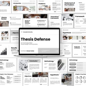 May include: A laptop displaying a presentation titled "Thesis Defense" with the text "Art And Design Major Visual Design Communication." The presentation includes slides on various topics like "Introduction," "Problems," and "Methodology," with a grayscale color scheme.