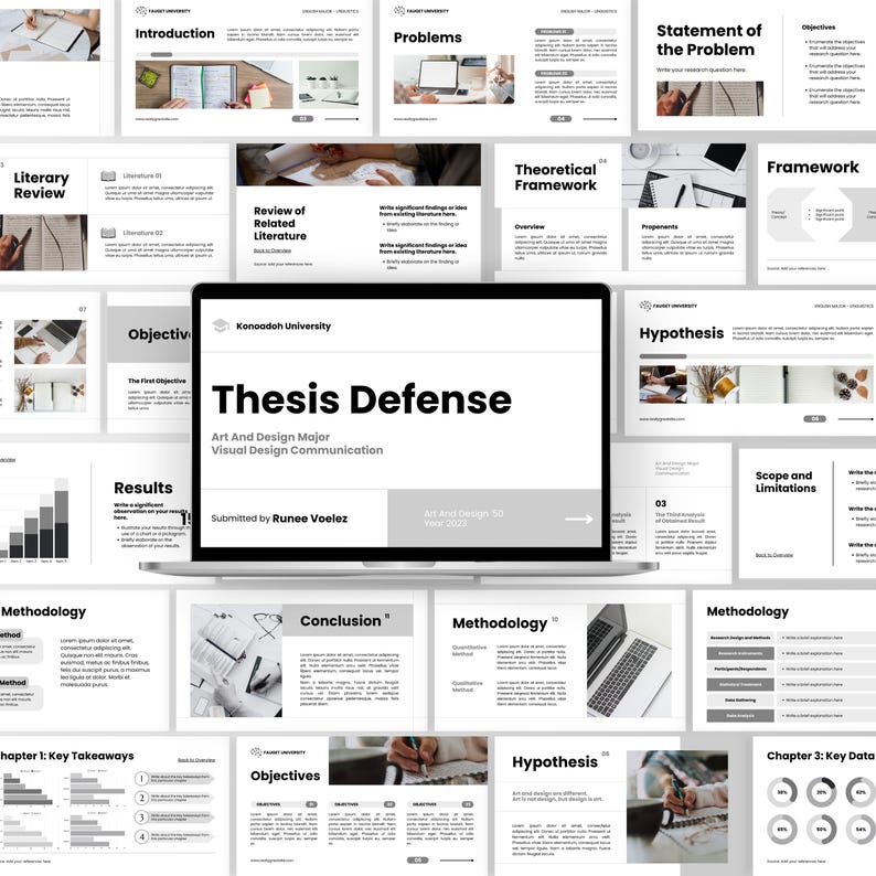 May include: A laptop displaying a presentation titled "Thesis Defense" with the text "Art And Design Major Visual Design Communication." The presentation includes slides on various topics like "Introduction," "Problems," and "Methodology," with a grayscale color scheme.