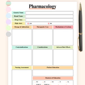 May include: A white pharmacology template with sections for drug information, including generic name, brand name, and dosage. The template includes areas for therapeutic uses, adverse effects, and patient education. A black and gold pen is on the right.