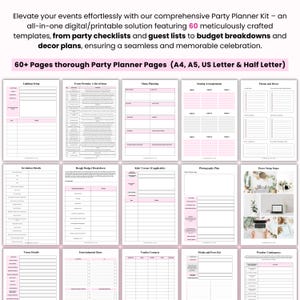 K&ouml;nnte beinhalten: Umfangreiches Partyplaner-Kit mit &uuml;ber 60 Seiten Vorlagen. Enth&auml;lt Checklisten, G&auml;stelisten, Budgetaufstellungen und Dekorationspl&auml;ne. Verf&uuml;gbar in A4, A5, US Letter und Half Letter Gr&ouml;&szlig;en f&uuml;r digitale und druckbare Nutzung.