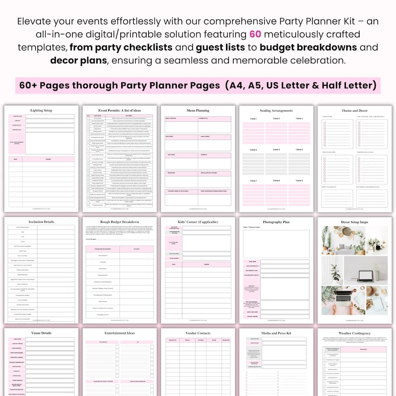 K&ouml;nnte beinhalten: Umfangreiches Partyplaner-Kit mit &uuml;ber 60 Seiten Vorlagen. Enth&auml;lt Checklisten, G&auml;stelisten, Budgetaufstellungen und Dekorationspl&auml;ne. Verf&uuml;gbar in A4, A5, US Letter und Half Letter Gr&ouml;&szlig;en f&uuml;r digitale und druckbare Nutzung.