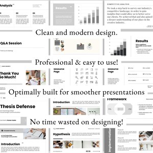 May include: A presentation template with a clean, modern design. The slides include charts, graphs, and text, with phrases like "Clean and modern design" and "Professional & easy to use!" The theme is for thesis defense and visual design communication.