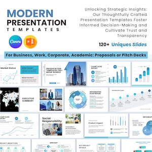 May include: A digital graphic promoting modern presentation templates. The image features a variety of slide designs with charts, graphs, and infographics. Text includes "Modern Presentation Templates," "120+ Unique Slides," and "For Business, Work, Corporate, Academic: Proposals or Pitch Decks."