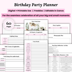 Könnte beinhalten: Ein rosa-weißer Geburtstagsparty-Planer mit 60 Seiten. Der Planer enthält Abschnitte für Veranstaltungsdetails, Geschenkregister, Partylogistik und Sicherheitsmaßnahmen. Der Text oben lautet "Birthday Party Planner" und "Digital + Printable Use | Freebies | Editable in Canva."