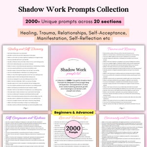 Op de afbeelding: Een digitale collectie van 2000+ shadow work prompts verdeeld over 20 secties, met pagina's getiteld Healing and Self-Discovery, Trauma and Recovery, Self-Compassion and Kindness, Love and Relationships en Community and Connection.