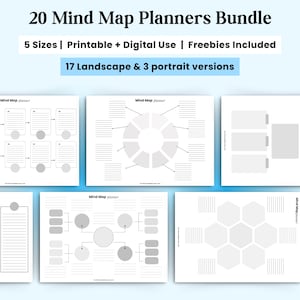 Può includere: Un pacchetto di 20 planner per mappe mentali in vari layout, tra cui 17 versioni orizzontali e 3 verticali. Il testo sull'immagine recita "20 Mind Map Planners Bundle" e "5 Sizes | Printable + Digital Use | Freebies Included".