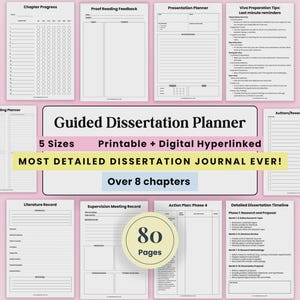 May include: A pink and white Guided Dissertation Planner with sections for chapter progress, proofreading, and presentation planning. The planner includes the text "Most Detailed Dissertation Journal Ever!" and "Over 8 chapters."