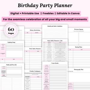 Könnte beinhalten: Ein rosa-weißer Geburtstagsparty-Planer mit 60 Seiten. Der Planer enthält Abschnitte für diätetische Einschränkungen, Sicherheitsmaßnahmen und Veranstaltungsdetails. Der Text oben lautet "Birthday Party Planner".