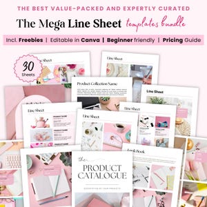 Op de afbeelding: Een bundel roze en witte line sheet sjablonen, met de tekst "The Mega Line Sheet templates bundle". De afbeelding bevat de tekst "Incl. Freebies | Editable in Canva | Beginner friendly | Pricing Guide". Er zijn 30 vellen.