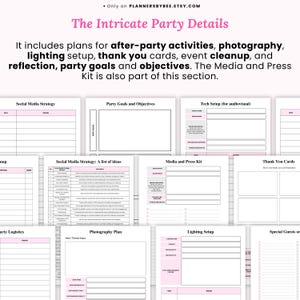 K&ouml;nnte beinhalten: Druckbare Partyplanungs-Vorlagen mit rosa Akzenten. Die Vorlagen umfassen Bereiche wie Social-Media-Strategie, Partyziele und Dankeskarten. Der Text auf dem Bild lautet "The Intricate Party Details" und enth&auml;lt eine Website-Adresse.