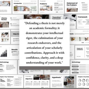 May include: A presentation slide deck with various sections including "Introduction," "Problems," and "Objectives." The central slide features a quote about defending a thesis. The slides have a clean, professional design with a white background.