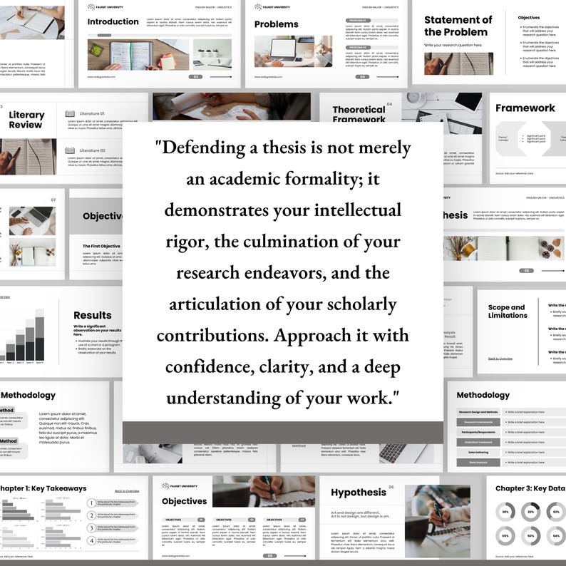 May include: A presentation slide deck with various sections including "Introduction," "Problems," and "Objectives." The central slide features a quote about defending a thesis. The slides have a clean, professional design with a white background.