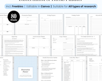 Può includere: Una raccolta di pagine stampabili per pianificatore di tesi e dissertazioni. Le pagine includono modelli di presentazione, avanzamento della scrittura e pianificazione del progetto. Il pacchetto include 80 fogli ed è modificabile in Canva. Il testo recita "Dissertation & Thesis Planner".